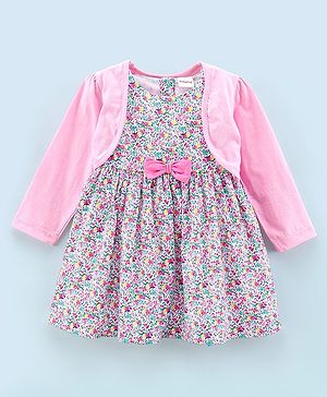 Babyhug 100% Cotton Frock With Full Sleeves Shrug Floral Print - White