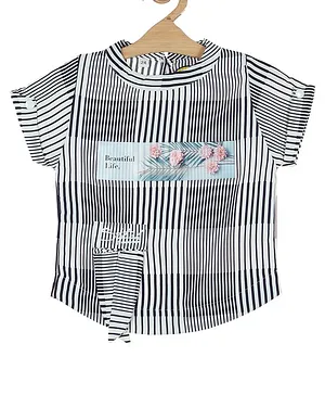 Lil Lollipop Short Sleeves Striped Floral Printed Top - Black & White
