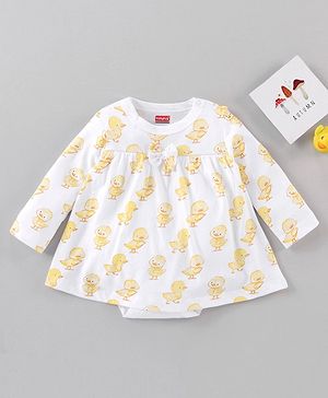 Babyhug 100% Cotton Full Sleeves Onesie Ducklings Print - White