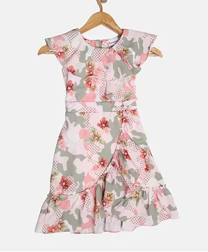 Peppermint Short Sleeves All Over Camaouflage & Floral Printed Flounce Detailed Dress - Peach