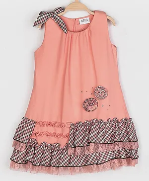 Peppermint Sleeveless Placement Shepherd Checked Ruffle Detailed Flared Dress With Flower Applique - Peach