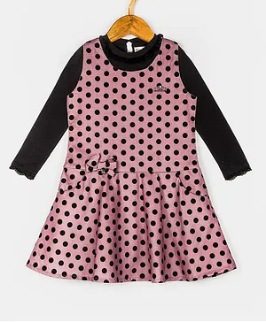 Peppermint Full Sleeves Lace Embellished Tee With Polka Doll Printed Flared Dress - Pink