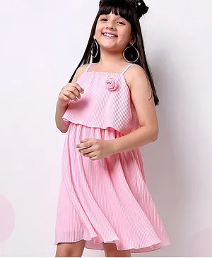 Hola Bonita Smart Strappy Allover Pleated Dress With A Corsage - Pink