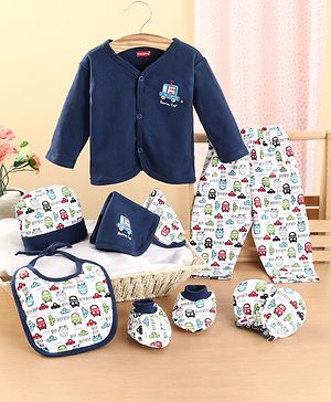 Babyhug Clothing Gift Set Car Theme Blue & White - Pack of 8