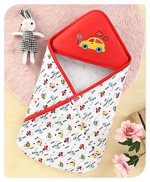Babyhug 100% Cotton Hooded  Wrapper Car Print - Red & White