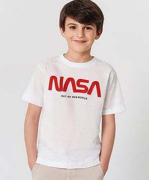 Pine Kids Half Sleeves NASA Collection Bio Washed T-shirt Text Print - White