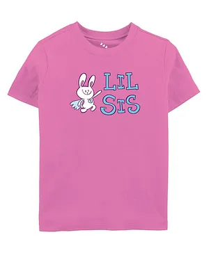 Zeezeezoo Half Sleeves Lil Sis & Bunny Placement Printed 100% Cotton Tee - Pink