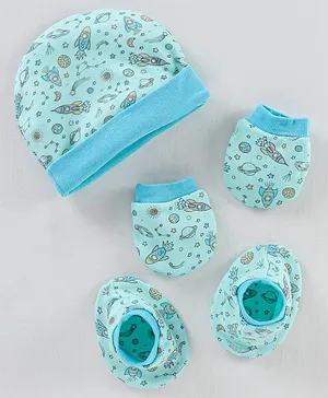 Ben Benny Cotton Knit Cap Mittens & Booties Set Rocket Print Blue - Cap Diameter 10 cm