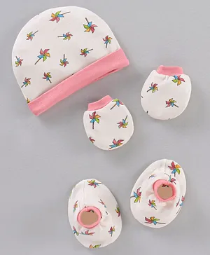 Ben Benny Cotton Knit Cap Mittens & Booties Set Spinner Print Pink - Cap Diameter 10.5 cm