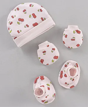 Ben Benny Cotton Knit Cap Mittens & Booties Set Cherry Print Pink - Cap Diameter 10.5 cm