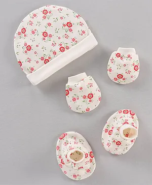 Ben Benny Cotton Knit Cap Mittens & Booties Set Floral Print Off-White - Diameter 9 cm