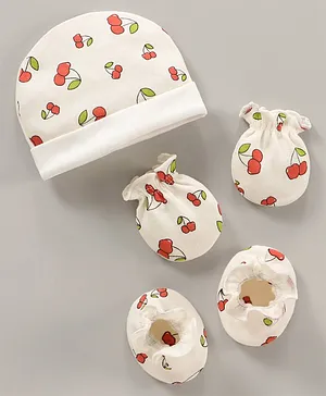 Ben Benny Cotton Knit Cap Mittens & Booties Set Cherry Print Off White - Diameter 9 cm