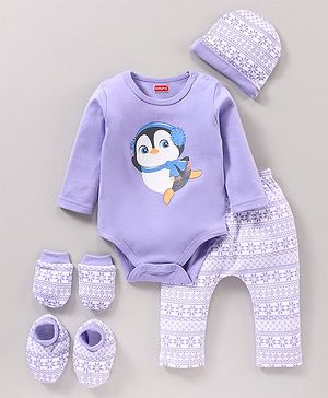 Babyhug Full Sleeves Onesies with Leggings Cap Mittens & Booties - Purple