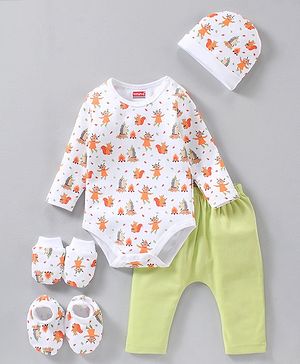 Babyhug Cotton Full Sleeves Onesies with Leggings with Cap Mittens & Booties Printed - Mulicolour