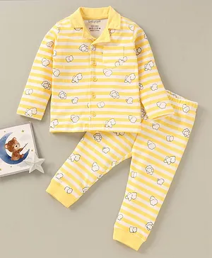 Babyoye Cotton Full Sleeves Night Suit Stripes Print- Yellow
