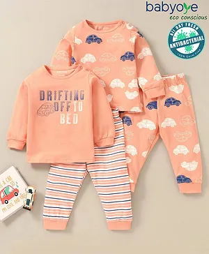 Babyoye Cotton Full Sleeves Night suit Combo Set Pack of 2 Text Stripes & Cars Prints  - Multicolour