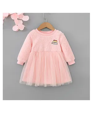 Kookie Kids Full Sleeves Winter Frock Face Embroidered - Pink