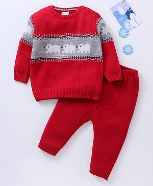 Babyhug Full Sleeves Baby Sweater Set with Animal Design - Red