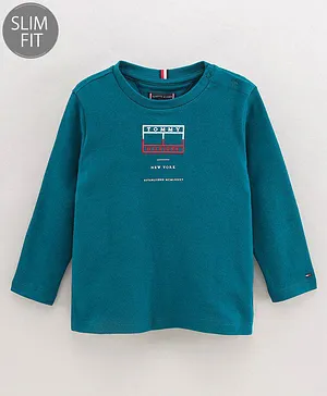Tommy Hilfiger Cotton Knit Full Sleeves Slim Fit T-Shirts Text Printed - Blue