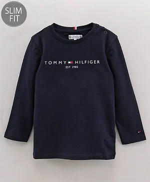 Tommy Hilfiger Cotton Knit Full Sleeves Slim Fit T-Shirts Text Printed - Navy Blue