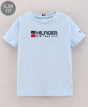 Tommy Hilfiger Cotton Knit Half Sleeves Slim Fit T-Shirts Text Printed - Sky Blue