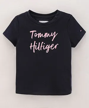 Tommy Hilfiger Cotton Knit Half Sleeves Slim Fit T-Shirts Text Printed - Navy Blue