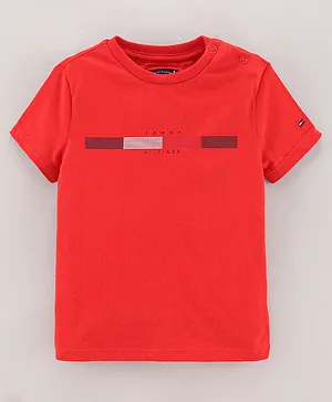 Tommy Hilfiger Cotton Knit Half Sleeves Slim Fit T-Shirts Text Printed - Red