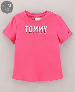 Tommy Hilfiger Cotton Knit Half Sleeves Slim Fit T-Shirts Text Printed - Pink