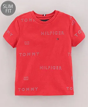 Tommy Hilfiger Cotton Knit Half Sleeves Slim Fit T-Shirts Text Printed - Deep Crimson
