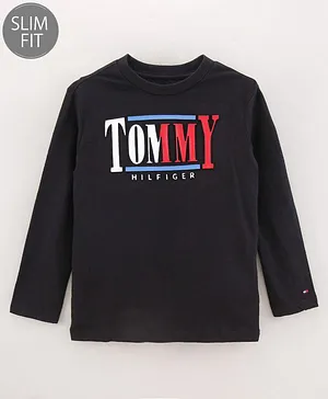 Tommy Hilfiger Full Sleeves Cotton Slim Fit T-Shirt Text Print- Black
