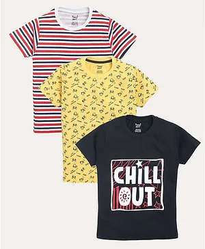 TOONYPORT Pack Of 3 Half Sleeves Striped & Video Game Chill Out Printed Tees - Red Yellow & Black