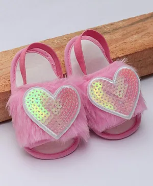 Daizy Sequin Heart Embellished Fur Detailed Booties - Baby Pink