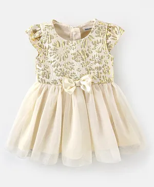 Babyoye Short Cap Sleeves Party Dress with Bow Detailing - Cream
