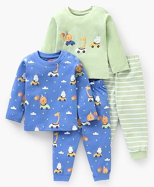 Babyhug Cotton Knit Full Sleeves Cartoon Lions Printed Night Suit Pack of 2 - Green Blue
