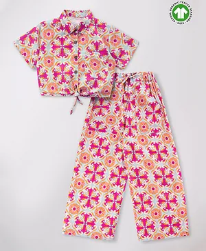 Theoni Half Sleeves Portuguese Tiles Printed Coordinated Top & Pants Set - Pink & Multi Color