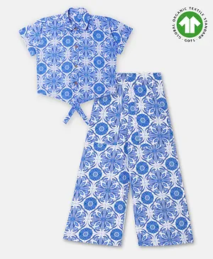 Theoni Cap Sleeves Portuguese Style Floral Motif Printed Top & Pants Set - Blue & White