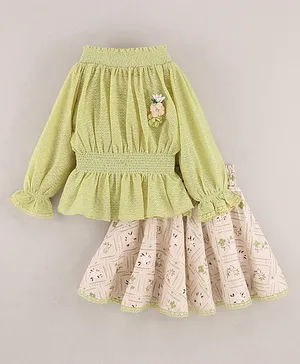 Enfance Full Balloon Sleeves Textured Top With Floral Printed Flared Skirt - Green