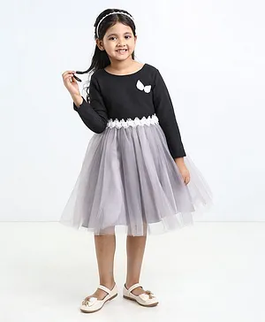Enfance Core Full Sleeves Lace Embroidered Ribbed Detail Dress - Black