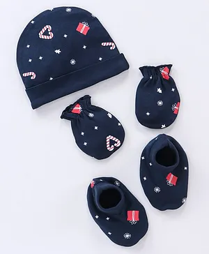 Babyhug 100% Cotton Cap Mittens & Booties Set Christmas Theme Print - Navy