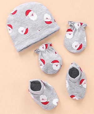 Babyhug Cotton Cap Mittens & Booties Set Santa Print - Grey