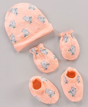 Babyhug 100% Cotton Cap Mittens & Booties Set Animal Print Peach - Diameter 9.5 cm