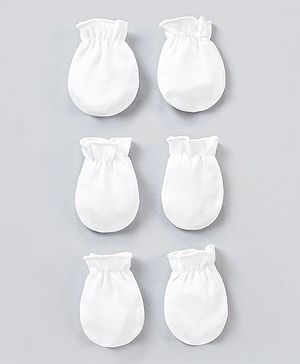 Babyhug 100% Cotton Solid Mittens Pack of 3 - White