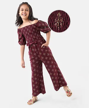 Earthy Touch Cotton Knit Half Sleeves All Over Print Jumpsuit - Purple