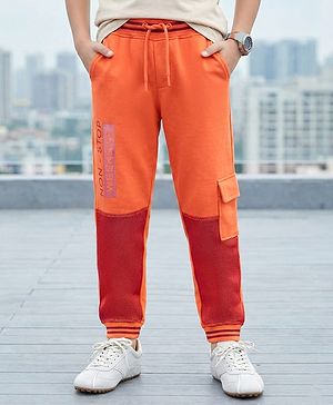 Pine Kids Full Length 100% Cotton Knit Biowashed Joggers Text Print - Orange