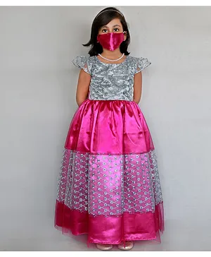 HEYKIDOO Cap Sleeves Checkered Floral Embroidered Tiered Gown With Matching Mask- Pink