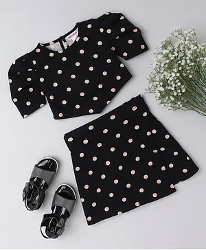 Taffy Half Puffed Sleeves Polka Dots Printed Crop Top & Wrap Skirt Set -  Black