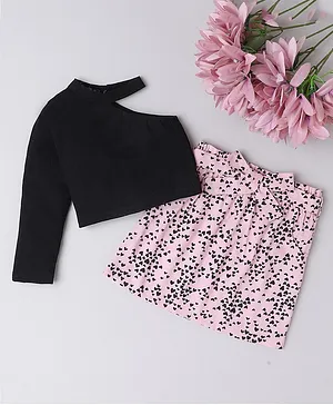 Taffy One Shoulder Full Sleeves Solid Top & Hearts Printed Tie Up Detail Skirt Set - Black & Pink