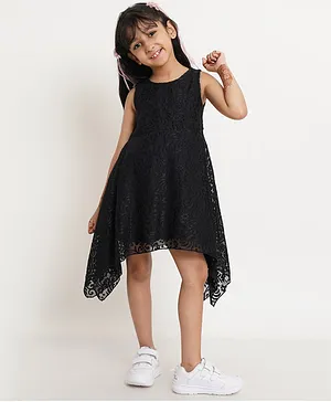 Creative Kids Sleeveless Floral Velvet Textured A Line Dress - Black
