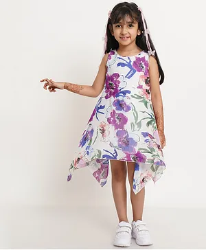 Creative Kids Sleeveless Floral Print A Line Dress - White Purple