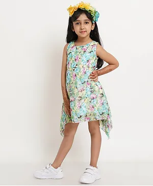 Creative Kids Sleeveless Floral Print A Line Dress - Green